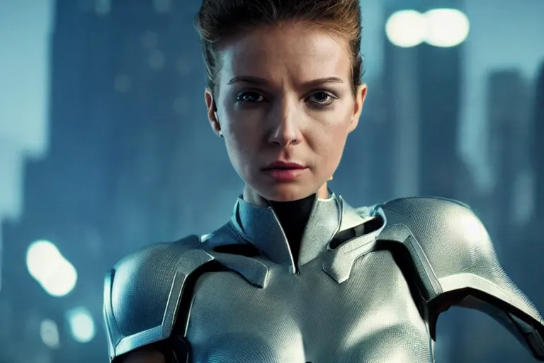 Prompt: VFX movie closeup portrait of a futuristic inhuman alien hero woman in spandex armor in future city, hero pose night lighting by Emmanuel Lubezki