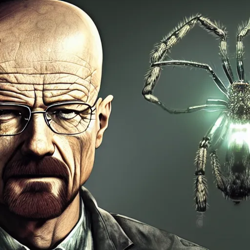 Prompt: walter white as a hideous spider, horror, photorealistic,, features intricate detail, epic composition and the style of unreal engine.