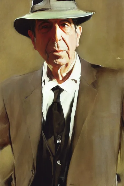 Prompt: Leonard Cohen, wearing a trilby hat, portrait by John Singer Sargent, Frank McCarthy, Robert McGinnis