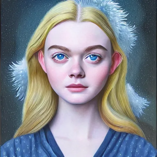 Prompt: professional painting of Elle Fanning in the style of Rob Gonsalves, head and shoulders portrait, symmetrical facial features, smooth, sharp focus, illustration, intricate, stormy weather, extremely detailed masterpiece,