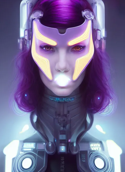 Image similar to symmetry portrait of a very beautiful caucasian young cyberpunk woman with dark purple hair wearing a mask, sci - fi, tech wear, glowing lights intricate, elegant, highly detailed, digital painting, artstation, concept art, smooth, sharp focus, illustration, art by artgerm and greg rutkowski and alphonse mucha