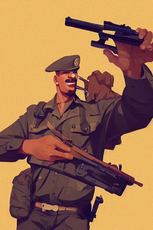 Prompt: funny drunk soldier with revolver in his hand in the desert, smooth face, centered median photoshop filter cutout vector behance hd by artgerm, jesper ejsing, by rhads, makoto shinkai and lois van baarle, ilya kuvshinov, rossdraws, illustration, art by ilya kuvshinov and gustav klimt