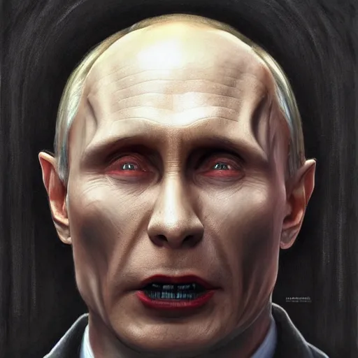 Image similar to portrait of vladimir putin, voldemort putin hybrid, putin face, vladimir putin anthropomorphic transformation, macabre, horror, by donato giancola and greg rutkowski and wayne barlow and zdzisław beksinski, realistic face, visible face, digital art