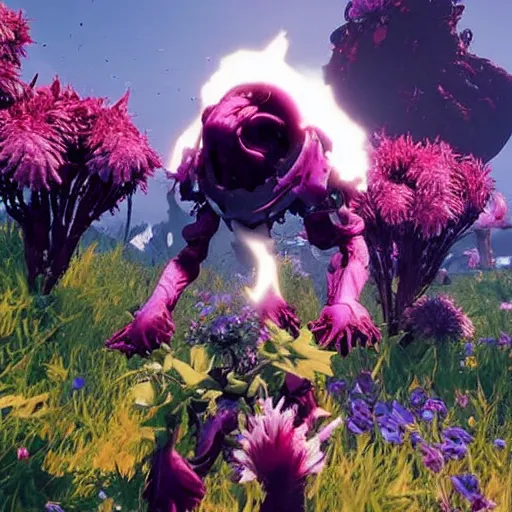 Prompt: corrupted sentinel enjoying picking up flower on infested planet