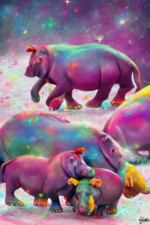 Image similar to colorful hippos ice skating, digital art, artstation trending, digital painting