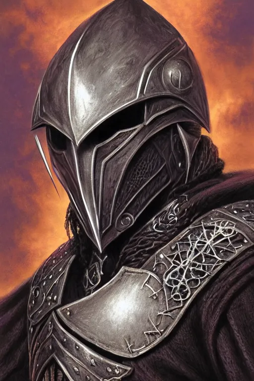 Image similar to head and shoulders portrait of an eldrich knight, drow, dark elf, shadar kai, breastplate, magical, male, high fantasy, d & d, by michael whelan, face details, extremely detailed, digital illustration