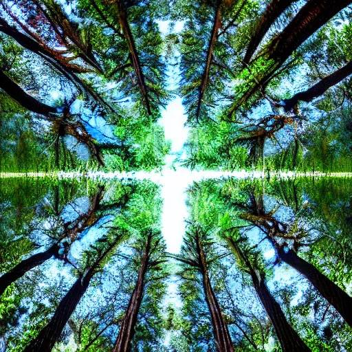 Image similar to looking up at the tops of trees in a forest, an ultrafine detailed painting by ( ( ( jon coffelt ) ) ), shutterstock contest winner, generative art, multiple exposure, fisheye lens, high dynamic range