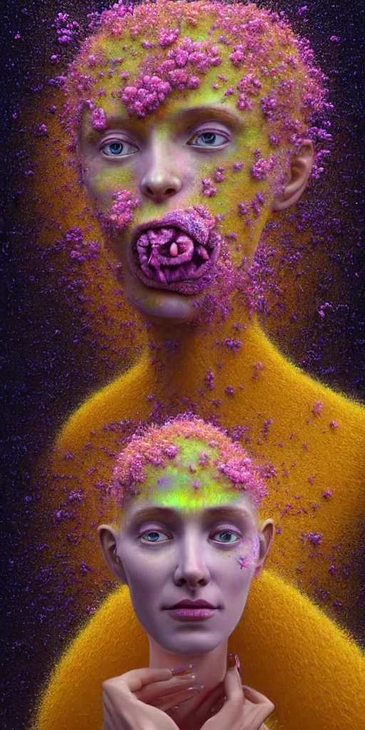 Image similar to hyper detailed 3d render like a Oil painting - portrait sculpt of Aurora (Singer) seen Eating of the Strangling network of yellowcake aerochrome and milky Fruit that covers her body and Her delicate Hands hold of gossamer polyp blossoms bring iridescent fungal flowers whose spores black the foolish stars by Jacek Yerka, Mariusz Lewandowski, Houdini algorithmic generative render, Abstract brush strokes, Masterpiece, Edward Hopper and James Gilleard, Zdzislaw Beksinski, Mark Ryden, Wolfgang Lettl, hints of Yayoi Kasuma, octane render, 8k