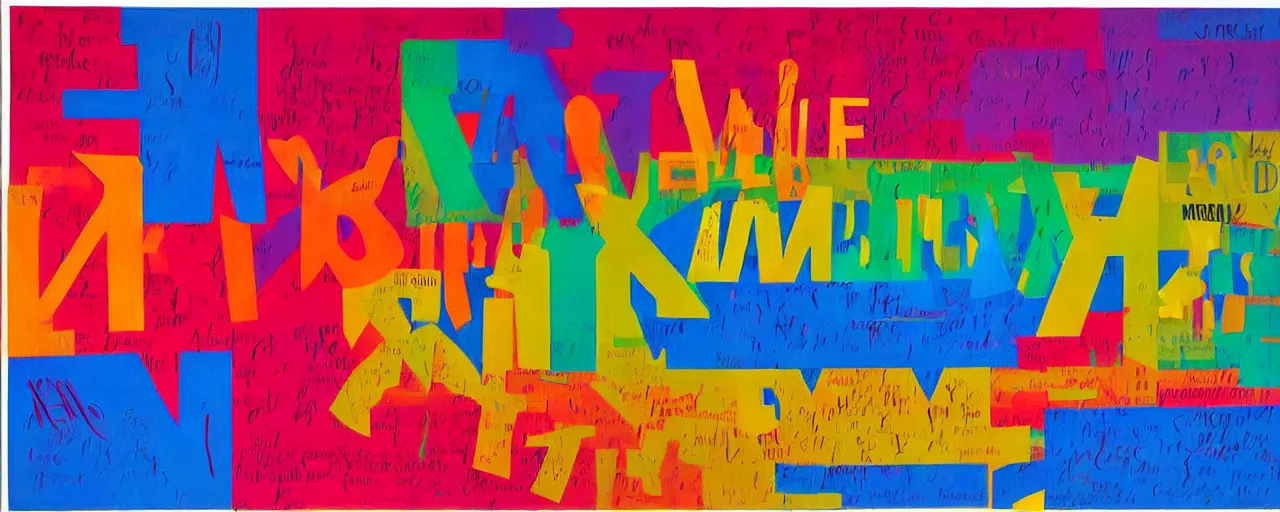 Prompt: a colorful painting of words and letters, by Mel Bochner, oil paint, abstract, Concrete poetry, colorful, Highly Detailed