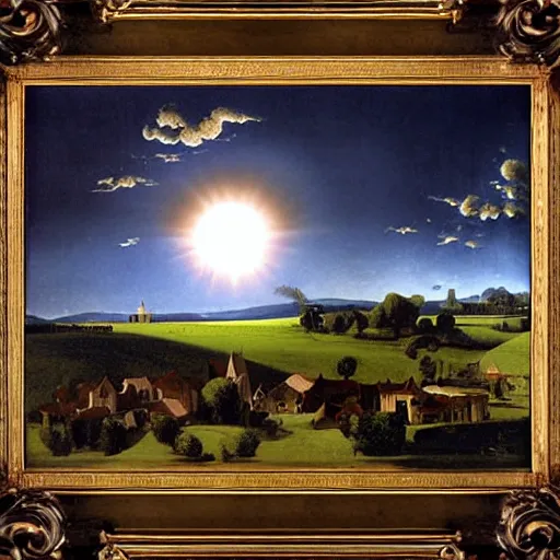 Image similar to dark solar eclipse, above a village, highly detailed, studio 4 k quality, by caravaggio