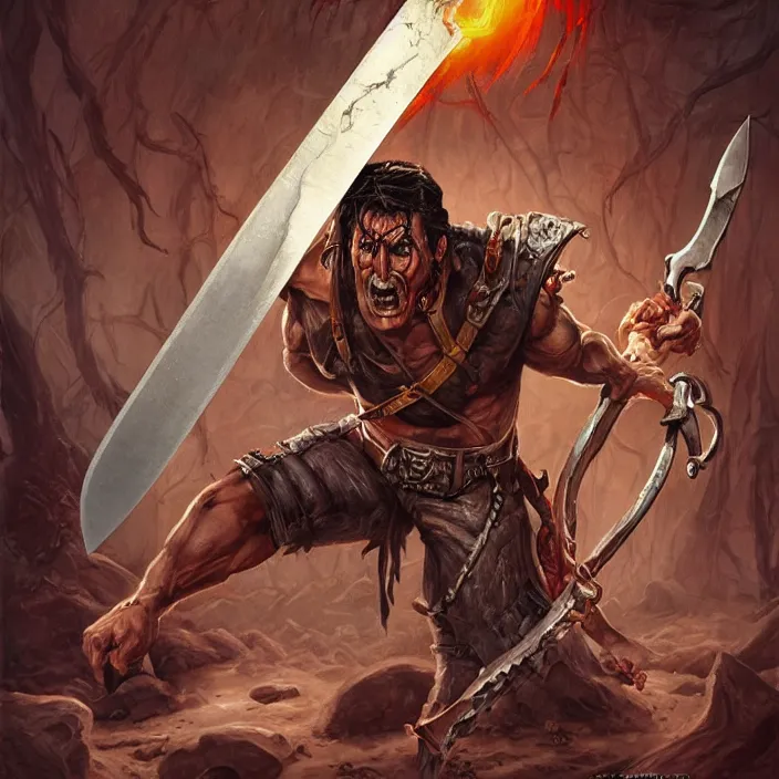 Prompt: Ash Williams from The evil dead, manowar album, Muscular man, striking demon with large bloody barbarian sword, D&D, fantasy, intricate, cinematic lighting, highly detailed, digital painting, artstation, concept art, smooth, sharp focus, illustration by Cory Loftis