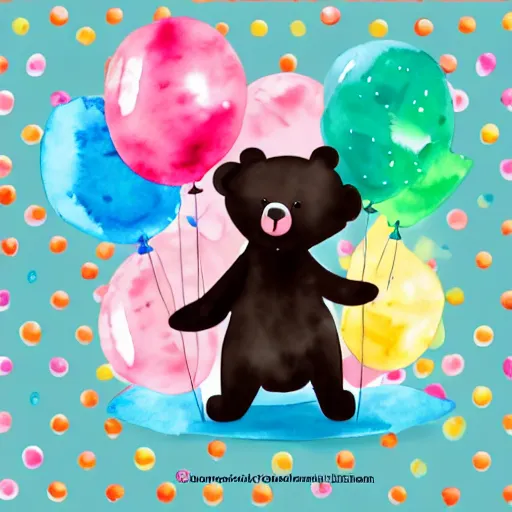 Prompt: watercolor cute animated baby bear holding birthday balloons with colorful dots, white background,