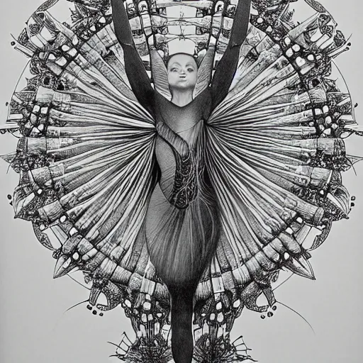 Image similar to hyper detailed bw linear pencil drawing, woman ballet dancer, organic symmetric shapes by ernst haeckel