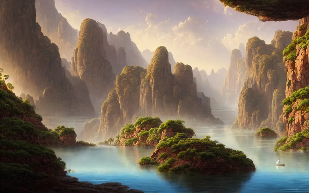 Prompt: a beautiful highly detailed matte painting of an alien planet with giant lotus with a lake surrounded by a canyon and rocks. by albrecht anker concept art