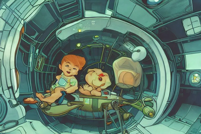 Image similar to a baby in a spaceship, very detailed, smooth render, illustration, art style by shigeru miyamoto and Alphonse Mucha