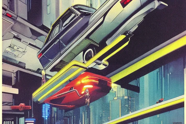 Image similar to 1979 OMNI Magazine Cover depicting a car-lift with a hidden operating room underneath. Cyberpunk Akira style by Vincent Di Fate