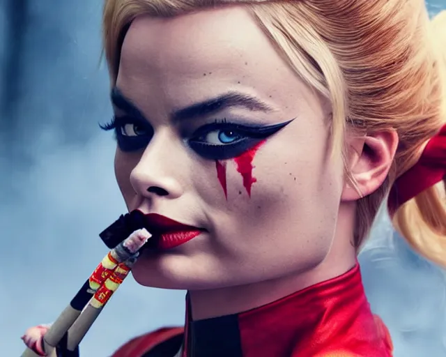 Margot Robbie as a harley quinn smoking a cigarette in | Stable ...