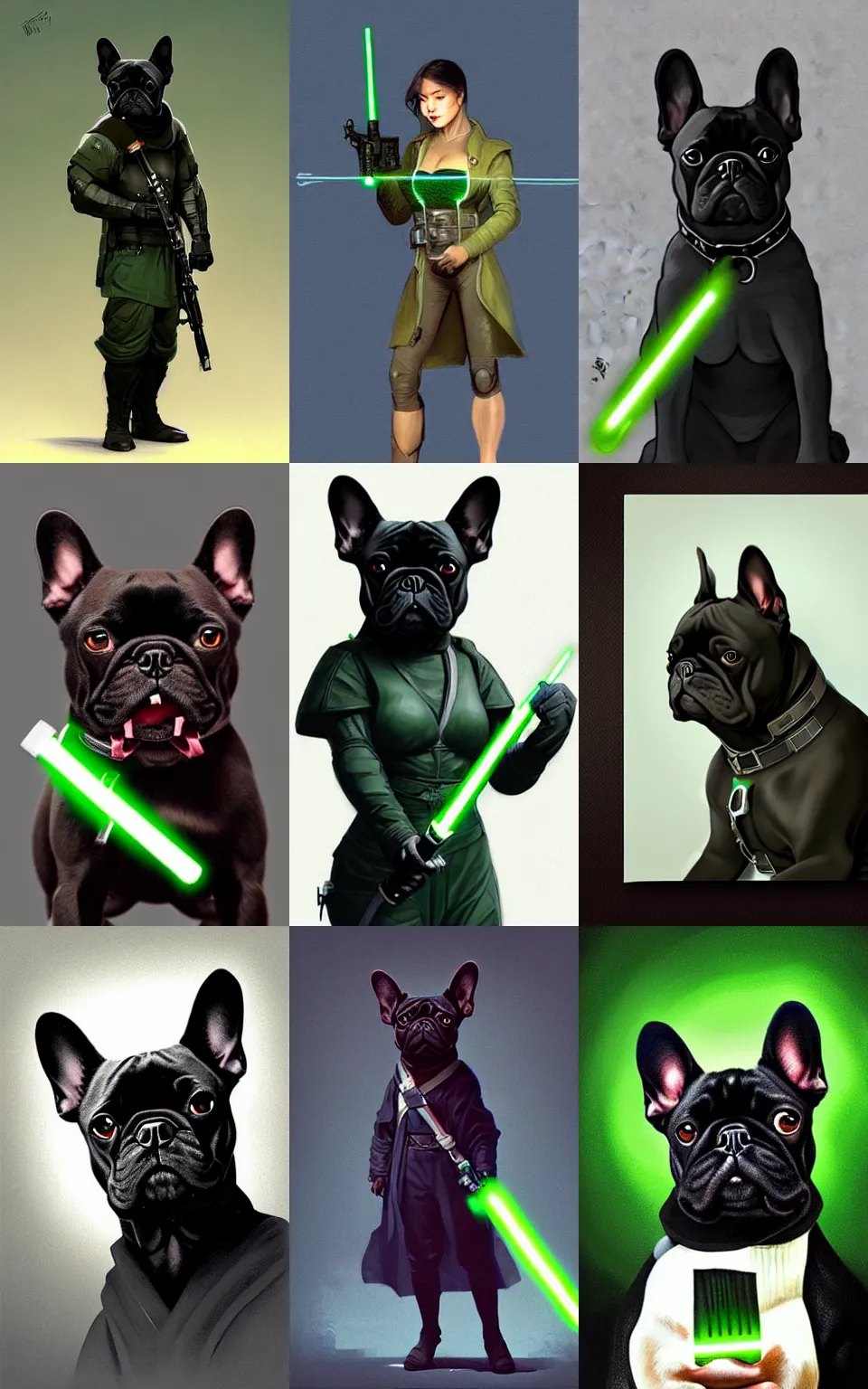 Prompt: character concept portrait, black french bulldog holding a green lightsaber. in the style digital painting, concept art, smooth, sharp focus, illustration, from metal gear, by ruan jia and mandy jurgens and william - adolphe bouguereau, artgerm