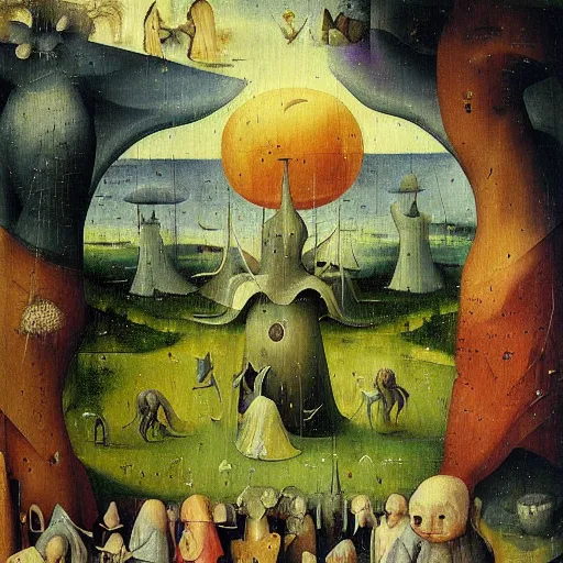 Image similar to ethereal, multi-dimensional landscape, lavender, detailed painting by Hieronymus Bosch