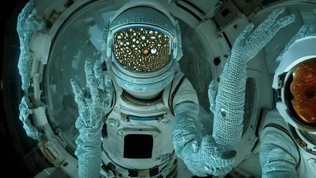 Image similar to a astronaut eva suit covered in diamond 3d fractal lace iridescent bubble 3d skin and covered with insectoid compound eye camera lenses floats through the living room, film still from the movie directed by Denis Villeneuve with art direction by Salvador Dalí, wide lens,