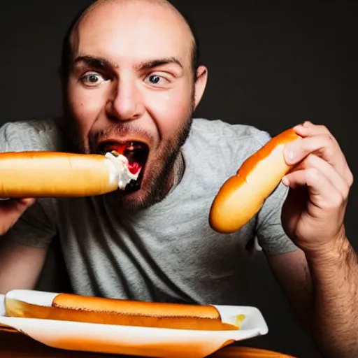 Prompt: a man eating a hot dog, highly detailed