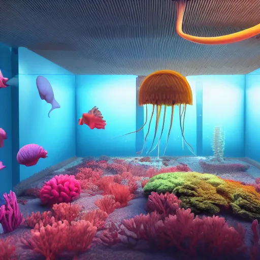 Image similar to photo of the modern room as aquarium with a big jellyfish and corals, realistic colors, realistic shadows, daylight made in blender, 3 d by beeple