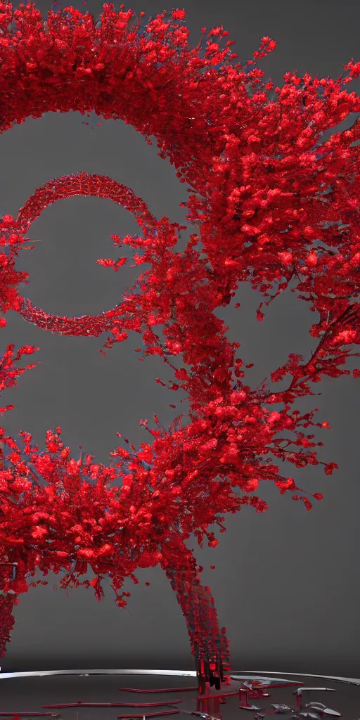 Image similar to 3 d photographic render of gate sculpture with red sakura flowers made of chrome, chrometype, made of liquid metal, neotribal with thorns and thunders, cyberpunk, raytracing, hyper realistic, volumetric lightning, 8 k, by zhelong xu and ouchh studio