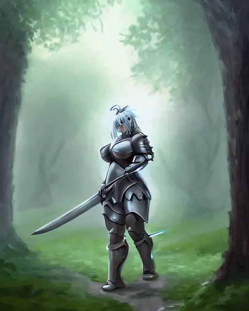 Prompt: concept art of a thicc knight girl, wearing heavy medival knight armor, holding a long sword, walking through a foggy oak forest | | epic - fine - clean, polished, trending on artstation, brush strokes