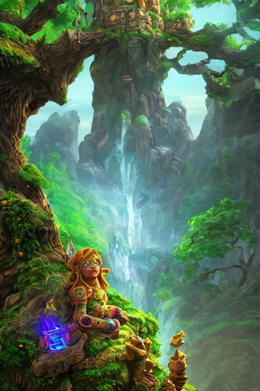 Image similar to zelda fantasy art giant golem troll wood rock greeble gemstone enchanted forest, global illumination ray tracing hdr fanart arstation by sung choi and eric pfeiffer and gabriel garza and casper konefal bastion forged hardmesh lisa frank zbrush central radiating a glowing aura global illumination ray tracing hdr