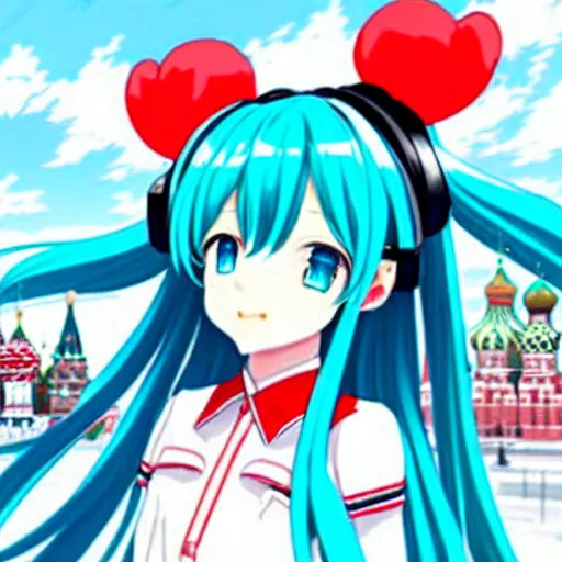 Image similar to hatsune miku on the moscow red square, high detailed anime art, trending on pixiv