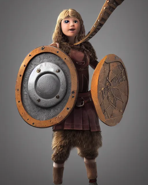 Prompt: a viking girl with a shield, pixar style, clean detail, symmetrical, octane render, studio lighting