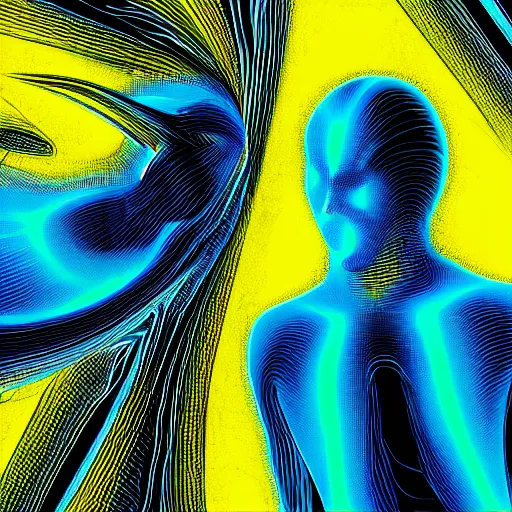 Image similar to man and wasp morphing in abstract surreal sketch style, blue and yellow gradient, noise, ultrafine detail, hd 8k