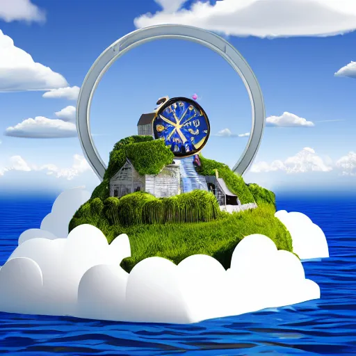 Image similar to a clock floating on an floating island, there are clouds around, it is on earth, on the background there are other floating islands too, floating at the ozone layer, cartoony, 4 k resolution, award winning