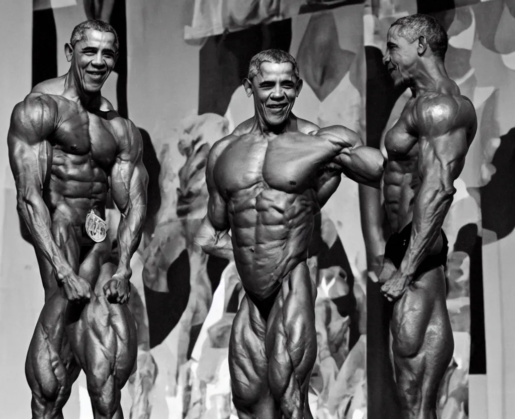 Image similar to Obama in bodybuilding contest, Ripped, Buffed Obama, GigaChad, Black and White, Noir