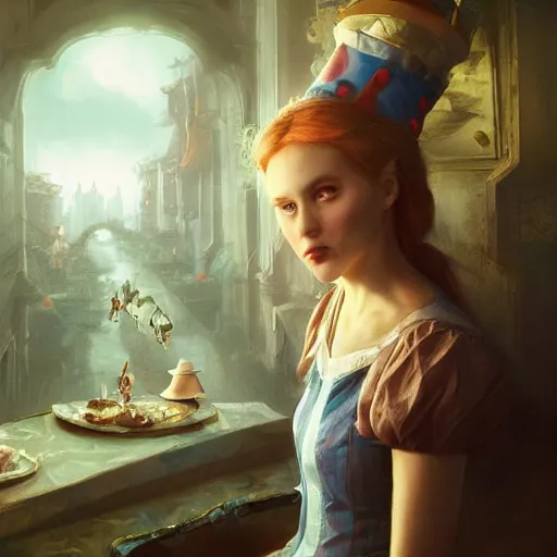 Image similar to portrait of alice in wonderland, dramatic lighting, city background, chiaroscuro, high detail, painted by greg rutkowski, painted by igor kieryluk, painted by bobby chiu, trending on artstation