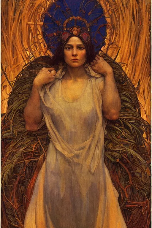 Image similar to queen of the harvest with her bounty by Annie Swynnerton and Nicholas Roerich and jean delville, strong dramatic cinematic lighting , ornate headdress , flowing robes, lost civilizations, smooth, sharp focus, extremely detailed