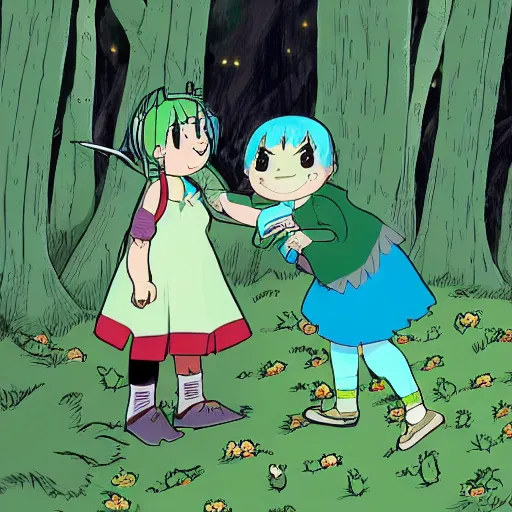 Prompt: a girl with green hair making friends with a dust bunny in the woods in the style of Fujita Tsuguharu w 750