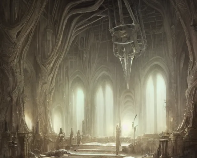 Image similar to fantasy, inside the king's hall wolves and their treasures, ethereal, ominous, misty, 8 k, by h. r. giger greg rutkowski