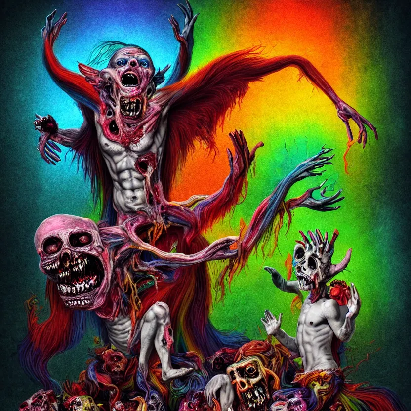 Prompt: a portrait of a beautiful, colorful, flesh - eating, whimsical demon with rainbow fur, eating a screaming priest, standing on a pile of corpses, by alexandro judorowski and basia tran, fear, morbid, nightmare, supernatural, 8 k, digital art, highly detailed, chiaroscuro, creepy, terrifying