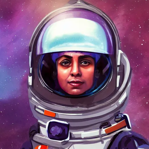 Prompt: a female space cadet from india, resting after a hard mission, happily tired, sci fi character portrait by Delphin Enjorlas