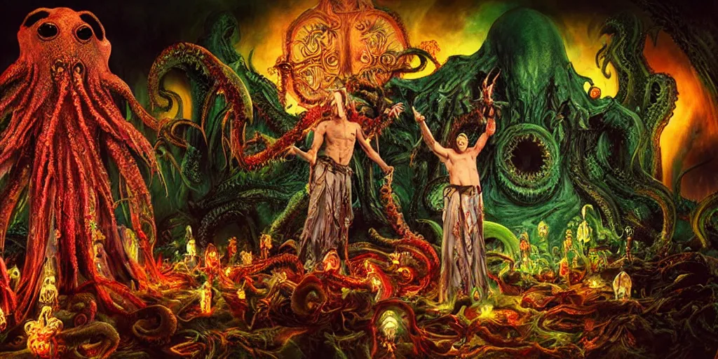 Image similar to photorealistic necromancer priest in an invoking ritual in front of a giant cthulhu in a large landscape, intricate, elegant, glowing lights, art by david lachapelle, photography by annie leibovitz