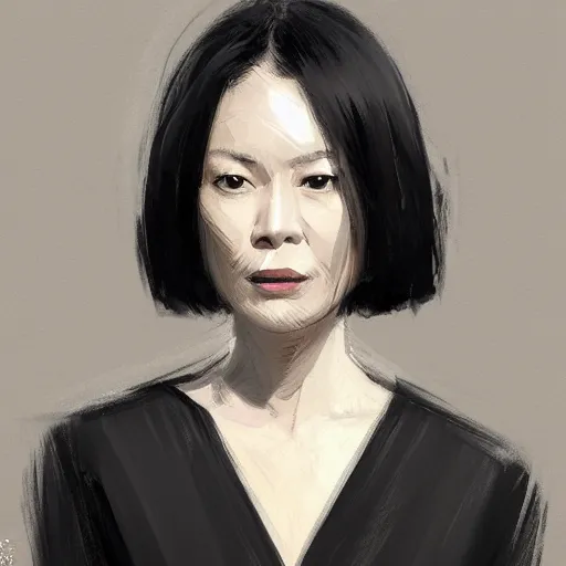 Prompt: Portrait of a woman by Greg Rutkowski, she is about 50 years old, japanese, black straight hair, attractive, elegant, airs of superiority, she is wearing black and white utilitarian jumpsuit, highly detailed portrait, digital painting, artstation, concept art, smooth, sharp foccus ilustration, Artstation HQ.