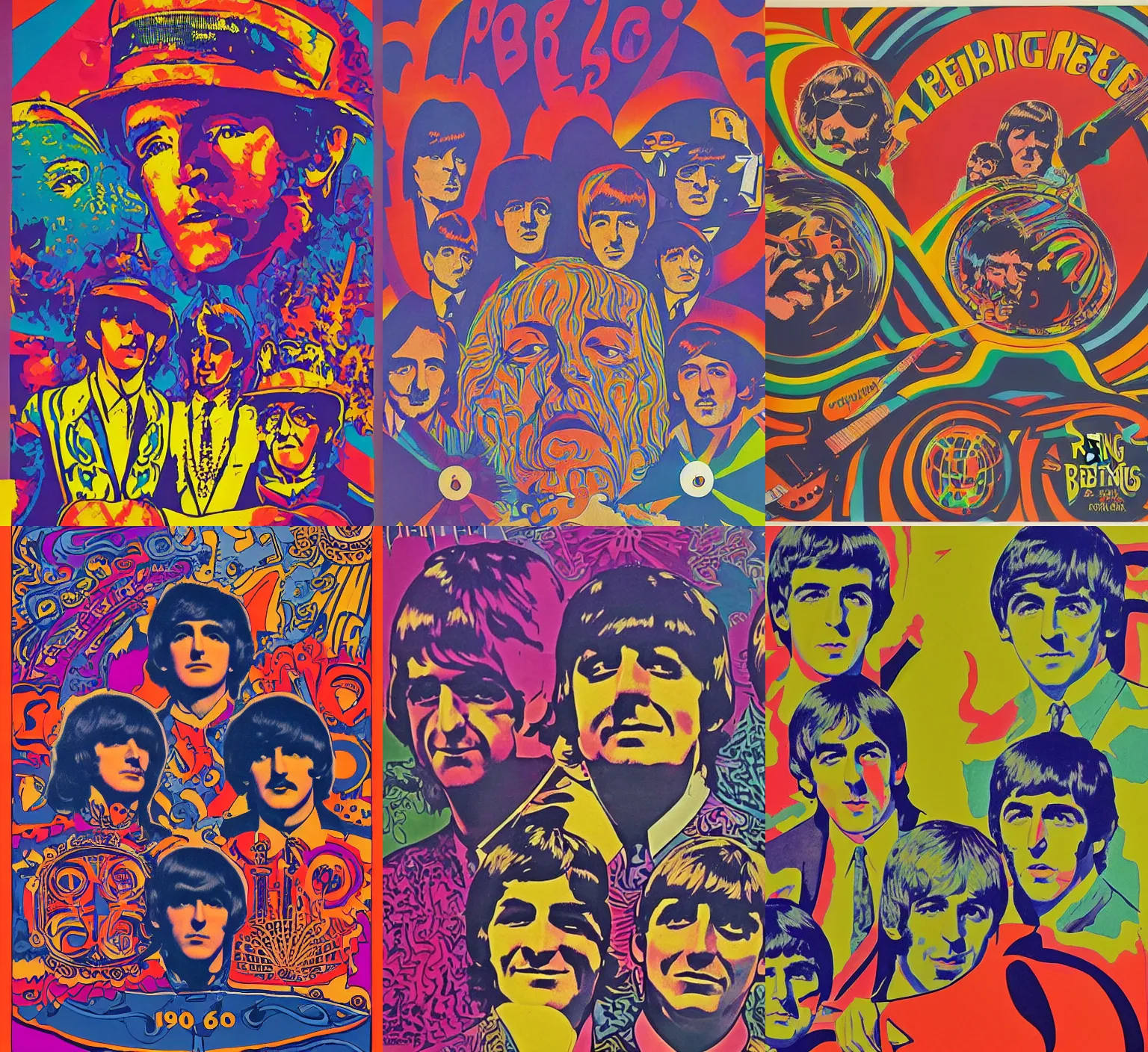 Prompt: 1960s psychedelic poster print for the Rolling Beatles by Wes Wilson