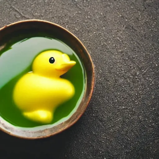 Image similar to a cup of green tea with a rubber duck bathing inside it