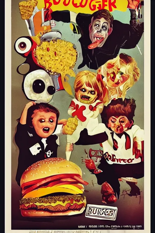 Prompt: burger monster, vintage kids horror movie poster