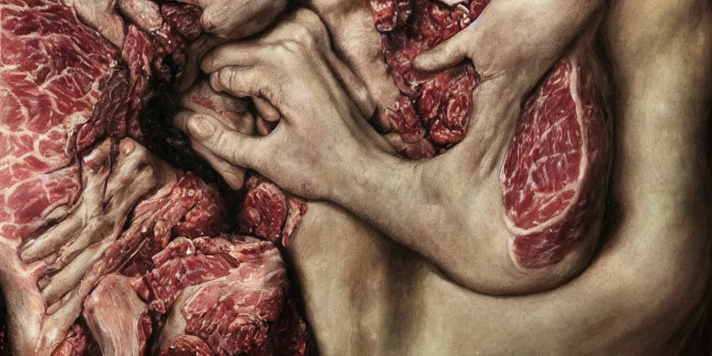 Prompt: details of lichens growing on flesh and skin, skin details, painitng, wrinkles and muscle tissues, meat, oil on canvas, 4k, 8K, photorealistic, soft light, cinematic lighting, sharp, contrasting, non descriptive