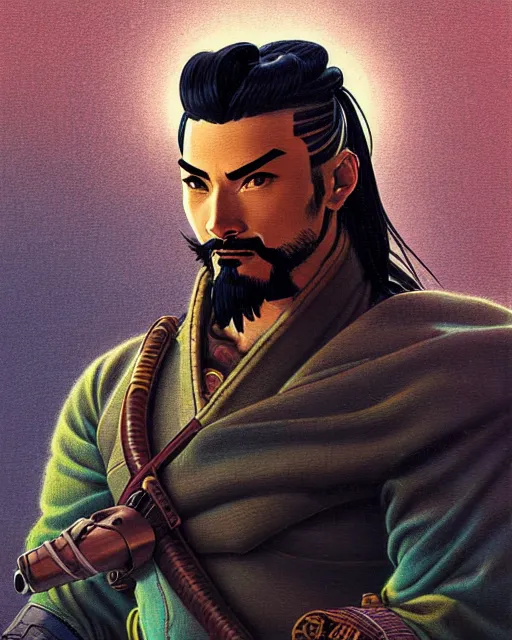 Image similar to hanzo from overwatch, character portrait, portrait, close up, concept art, intricate details, highly detailed, vintage sci - fi poster, retro future, vintage sci - fi art, in the style of chris foss, rodger dean, moebius, michael whelan, katsuhiro otomo, and gustave dore