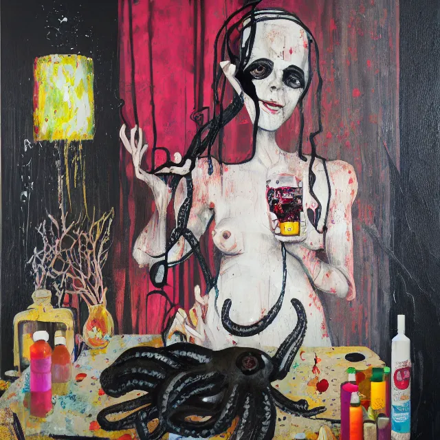 Image similar to a portrait in a dark apartment, a widow holding an octopus, milk, berries, broken bottles, metaphysical, neo - expressionism, surrealism, acrylic and spray paint and oilstick on canvas