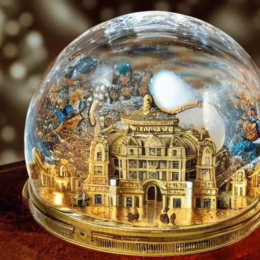 Image similar to nuclear bomb exploding in a city inside a snow globe, highly ornate intricate details,