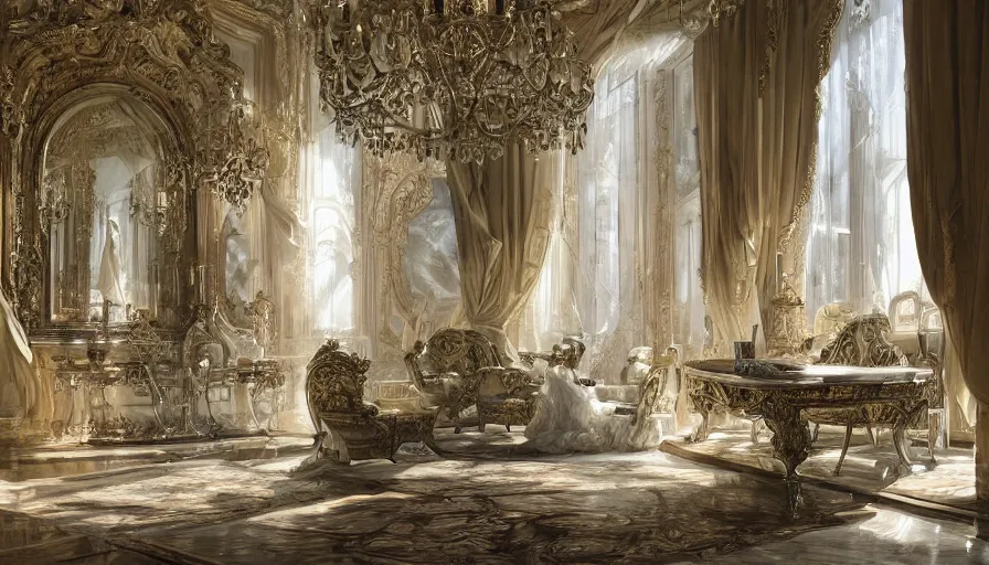 Image similar to rococo interior made from chrome, versailles, light, shadows, reflections, epic composition, intricate, elegant, volumetric lighting, digital painting, highly detailed, artstation, sharp focus, illustration, concept art, ruan jia, steve mccurry